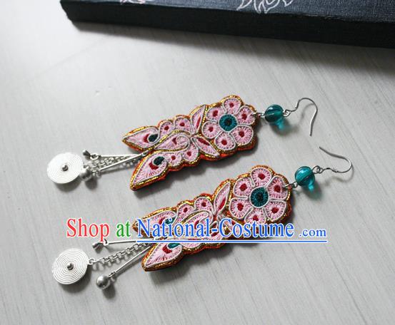 China Ethnic Woman Silver Earrings Traditional Cheongsam Embroidered Butterfly Flower Ear Accessories