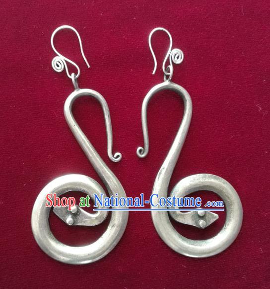 China Guizhou Ethnic Woman Silver Snake Earrings Traditional Miao Nationality Dance Ear Accessories