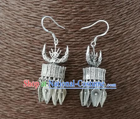 China Guizhou Ethnic Silver Ox Horn Earrings Traditional Miao Nationality Wedding Ear Accessories