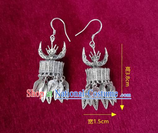 China Guizhou Ethnic Silver Ox Horn Earrings Traditional Miao Nationality Wedding Ear Accessories