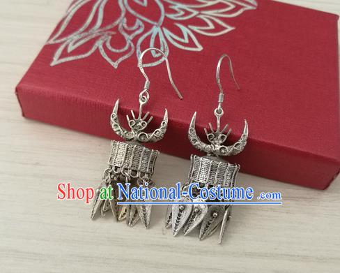 China Guizhou Ethnic Silver Ox Horn Earrings Traditional Miao Nationality Wedding Ear Accessories