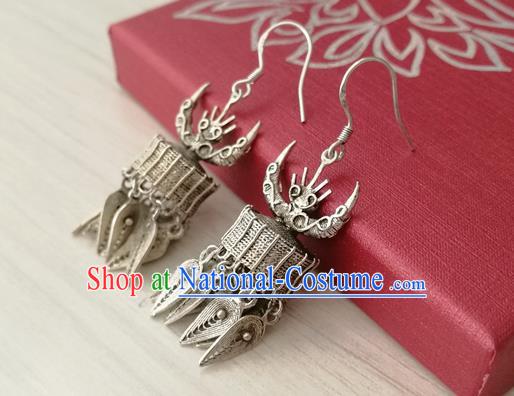 China Guizhou Ethnic Silver Ox Horn Earrings Traditional Miao Nationality Wedding Ear Accessories