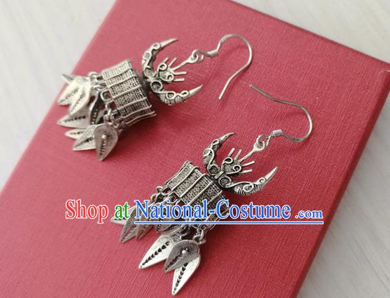 China Guizhou Ethnic Silver Ox Horn Earrings Traditional Miao Nationality Wedding Ear Accessories