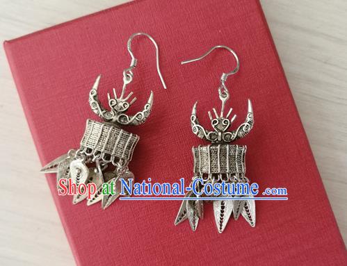 China Guizhou Ethnic Silver Ox Horn Earrings Traditional Miao Nationality Wedding Ear Accessories