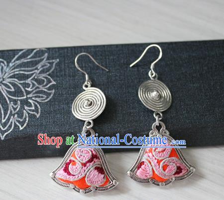 China Guizhou Hmong Ethnic Silver Earrings Traditional Miao Nationality Embroidered Ear Accessories