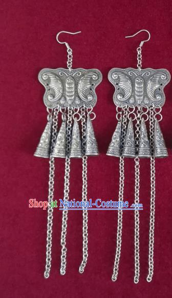 China Traditional Cheongsam Silver Butterfly Ear Accessories National Yunnan Ethnic Folk Dance Tassel Earrings