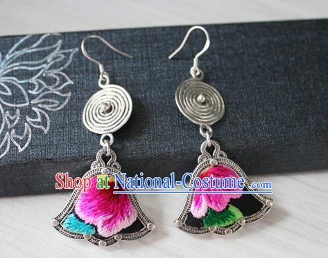 China Traditional Miao Nationality Embroidered Ear Accessories Guizhou Hmong Ethnic Folk Dance Silver Earrings