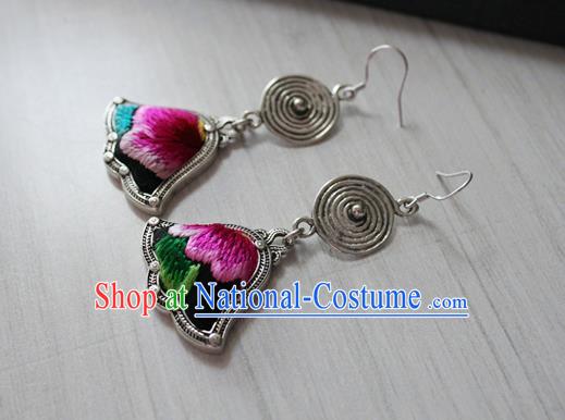 China Traditional Miao Nationality Embroidered Ear Accessories Guizhou Hmong Ethnic Folk Dance Silver Earrings