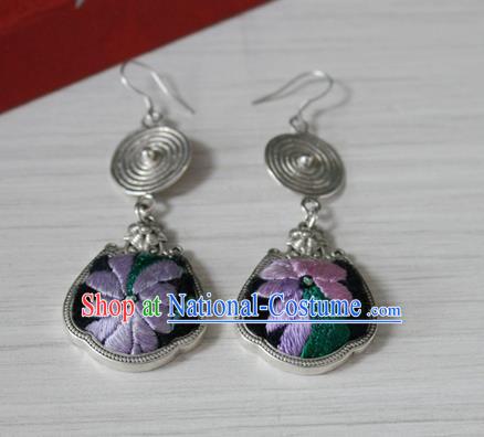 China Traditional Miao Nationality Embroidered Ear Accessories Handmade Guizhou Hmong Ethnic Silver Earrings