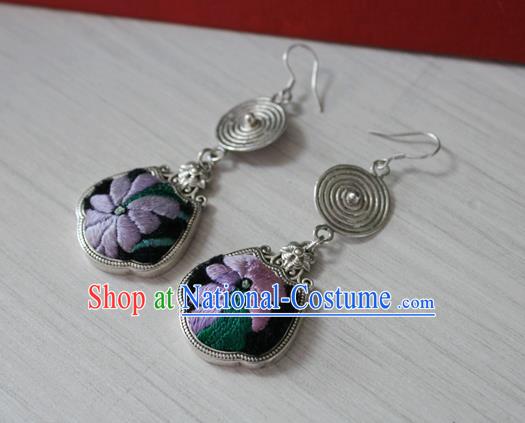 China Traditional Miao Nationality Embroidered Ear Accessories Handmade Guizhou Hmong Ethnic Silver Earrings