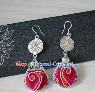 China Traditional Miao Nationality Bride Embroidered Rosy Ear Accessories Handmade Guizhou Hmong Ethnic Wedding Silver Earrings