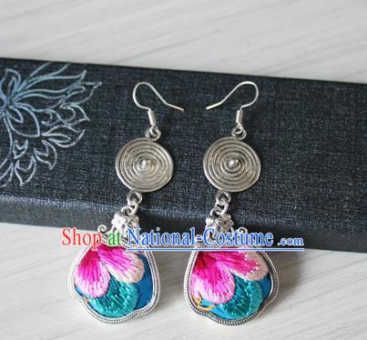 China Handmade Guizhou Hmong Ethnic Wedding Silver Earrings Traditional Miao Nationality Embroidered Blue Ear Accessories