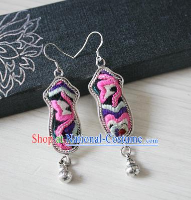 China Handmade Guizhou Ethnic Silver Embroidered Earrings Traditional Miao Nationality Folk Dance Ear Accessories