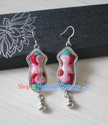 China Traditional Miao Nationality Folk Dance Ear Accessories Handmade Guizhou Ethnic Silver Embroidered Earrings