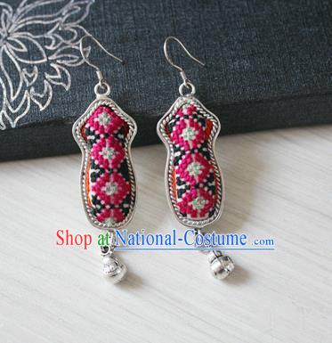 China Traditional Miao Nationality Silver Ear Accessories Handmade Guizhou Ethnic Embroidered Earrings