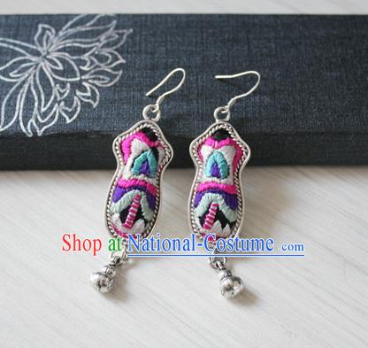 China Handmade Guizhou Miao Ethnic Embroidered Earrings Traditional Hmong Nationality Silver Gourd Ear Accessories