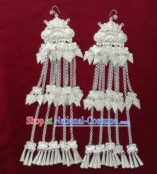 China Handmade Guizhou Miao Ethnic Earrings Traditional Hmong Nationality Silver Tassel Ear Accessories