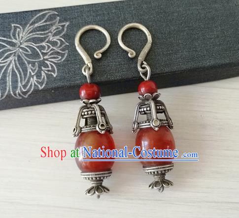 China Traditional Qing Dynasty Imperial Concubine Agate Ear Accessories Handmade Ancient Court Silver Earrings