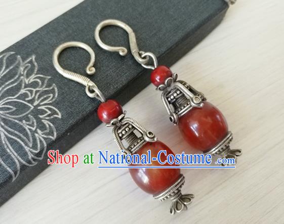 China Traditional Qing Dynasty Imperial Concubine Agate Ear Accessories Handmade Ancient Court Silver Earrings