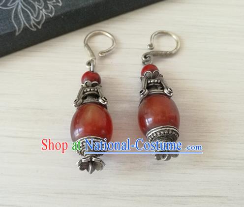 China Traditional Qing Dynasty Imperial Concubine Agate Ear Accessories Handmade Ancient Court Silver Earrings