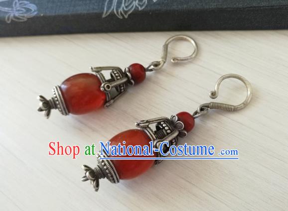 China Traditional Qing Dynasty Imperial Concubine Agate Ear Accessories Handmade Ancient Court Silver Earrings