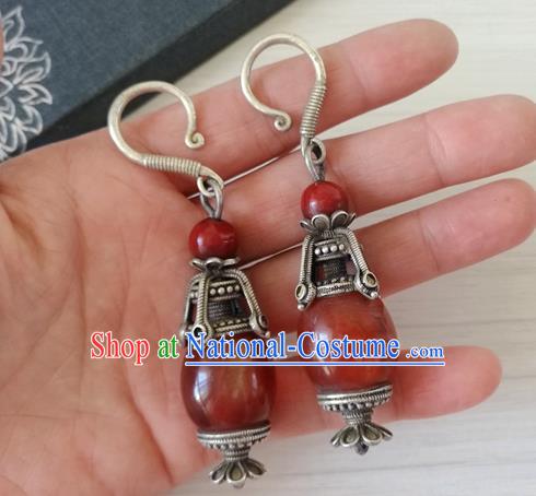 China Traditional Qing Dynasty Imperial Concubine Agate Ear Accessories Handmade Ancient Court Silver Earrings