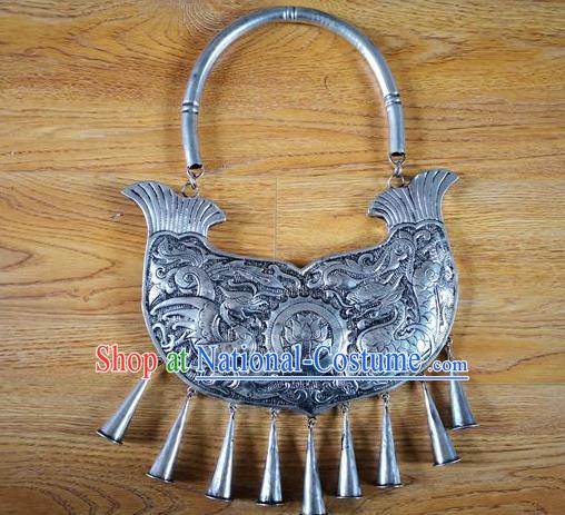 Chinese Miao Ethnic Wedding Jewelry Accessories Handmade Hmong Silver Carving Dragon Phoenix Necklet