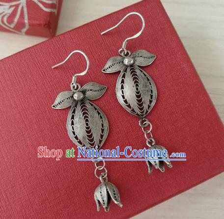 China Handmade National Silver Orchid Earrings Traditional Guizhou Ethnic Folk Dance Ear Accessories