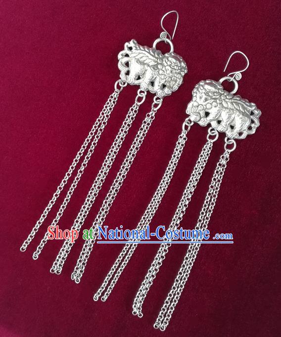 China National Ethnic Silver Lion Tassel Earrings Traditional Cheongsam Ear Jewelry