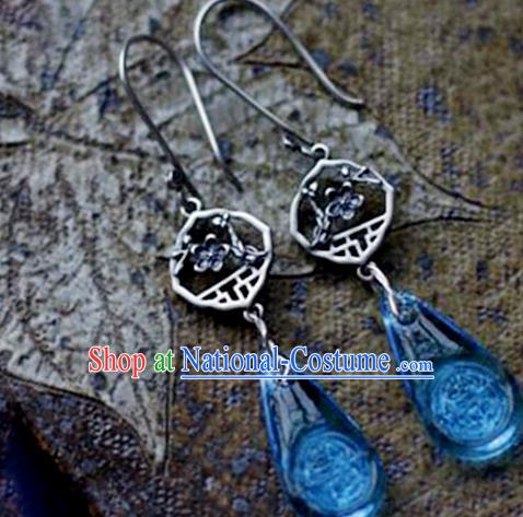 China Handmade National Silver Plum Blossom Earrings Traditional Cheongsam Aquamarine Ear Accessories