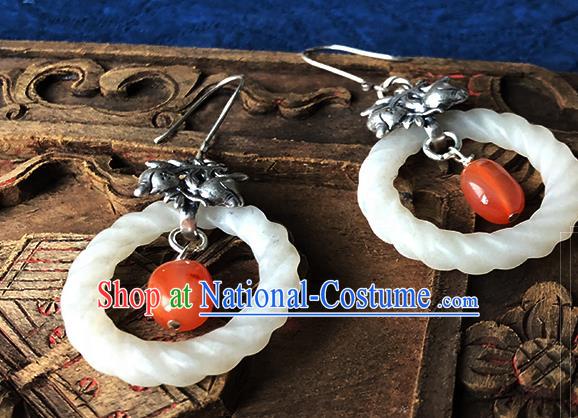 China Handmade National Jade Ring Earrings Traditional Cheongsam Silver Pomegranate Ear Accessories