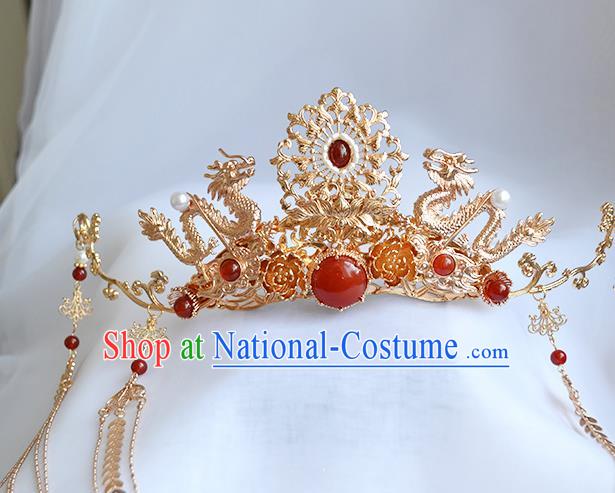 Chinese Traditional Wedding Bride Hair Accessories Ancient Ming Dynasty Empress Golden Dragon Hair Crown