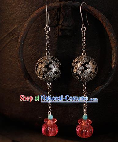 China Handmade National Silver Hydrangea Earrings Traditional Cheongsam Garnet Sachet Ear Jewelry