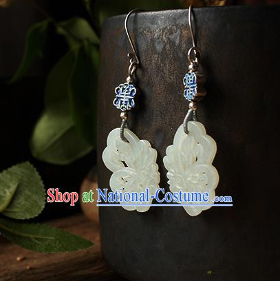 China Handmade National Blueing Silver Earrings Traditional Cheongsam Jade Butterfly Ear Jewelry