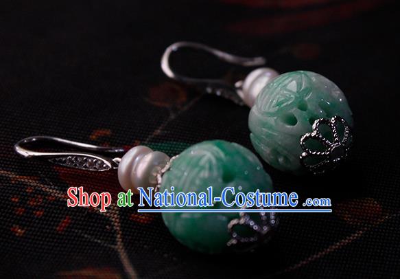 China Handmade National Jadeite Carving Earrings Traditional Cheongsam Pearls Ear Jewelry