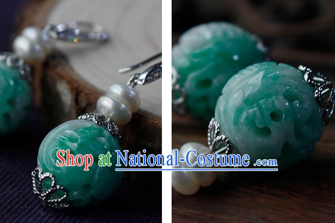 China Handmade National Jadeite Carving Earrings Traditional Cheongsam Pearls Ear Jewelry