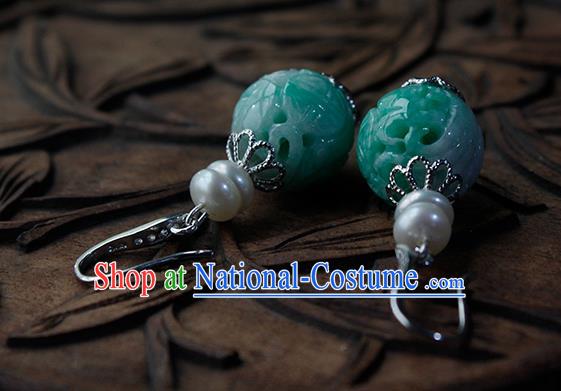 China Handmade National Jadeite Carving Earrings Traditional Cheongsam Pearls Ear Jewelry