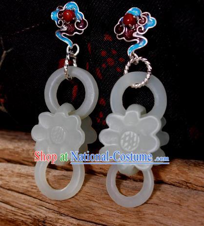 China Handmade National Jade Lotus Earrings Traditional Cheongsam Cloisonne Silver Ear Jewelry