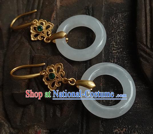 China Handmade National White Jade Ring Earrings Traditional Cheongsam Golden Ear Jewelry