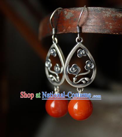 China Handmade National Agate Bead Earrings Traditional Cheongsam Silver Cloud Jewelry