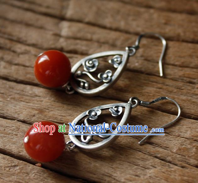 China Handmade National Agate Bead Earrings Traditional Cheongsam Silver Cloud Jewelry