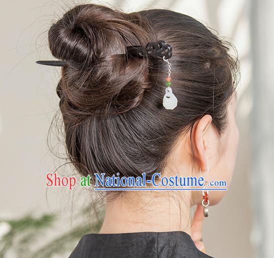 Chinese Handmade Ebony Hair Stick Traditional Cheongsam Jade Lock Tassel Hairpin National Hair Accessories