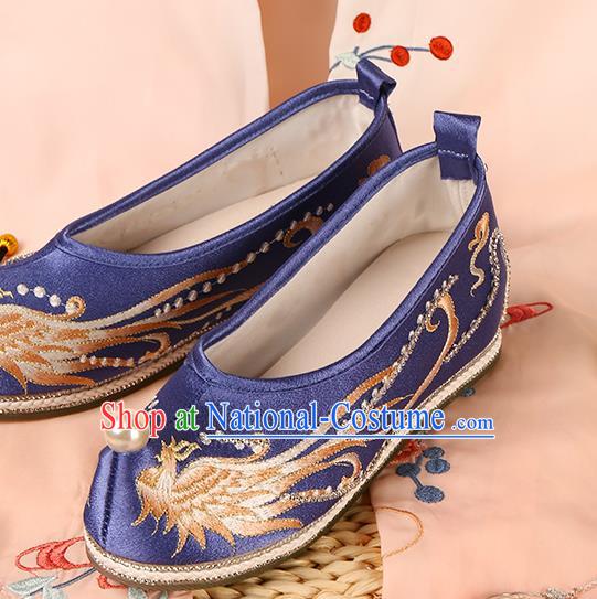 Handmade Chinese Ancient Princess Shoes Traditional Hanfu Wedding Shoes Ming Dynasty Embroidered Phoenix Shoes