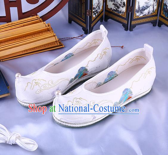 Chinese Traditional Hanfu White Satin Shoes Ming Dynasty Embroidered Landscape Shoes Ancient Princess Bow Shoes