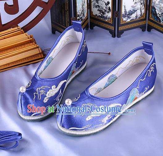 Chinese Ancient Princess Bow Shoes Traditional Hanfu Blue Satin Shoes Ming Dynasty Embroidered Landscape Shoes