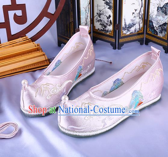 Chinese Ming Dynasty Embroidered Landscape Shoes Ancient Princess Bow Shoes Traditional Hanfu Pink Satin Shoes