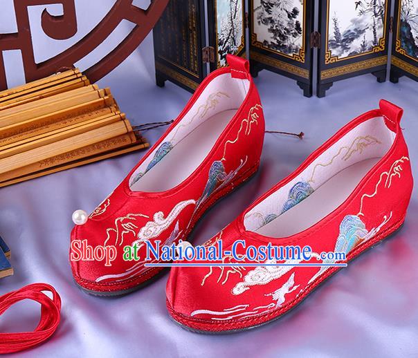 Chinese Traditional Wedding Red Satin Shoes Ming Dynasty Embroidered Landscape Shoes Ancient Bride Bow Shoes