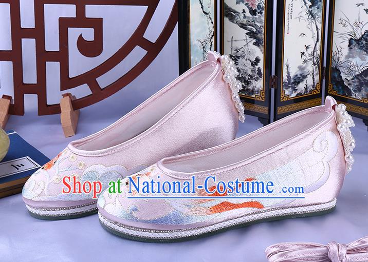 China National Embroidery Goldfish Shoes Traditional Dance Pink Cloth Shoes Classical Bride Shoes