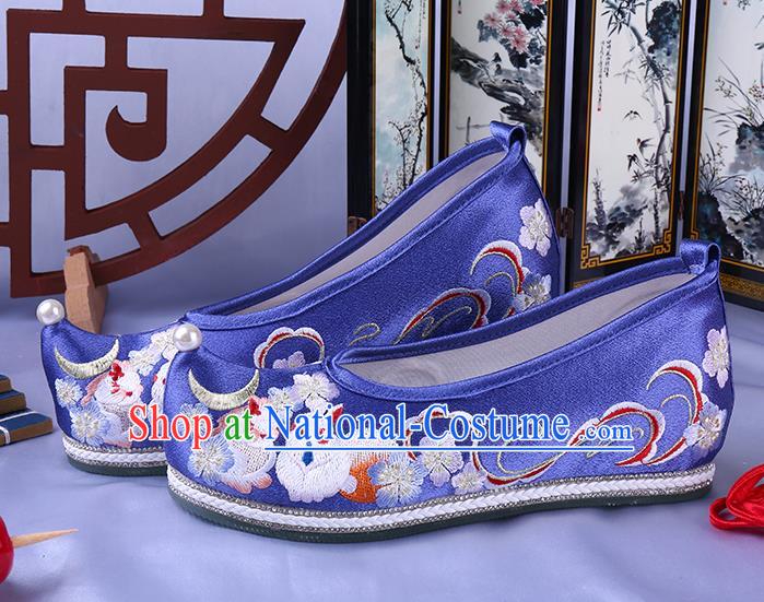 Chinese Ancient Princess Royalblue Satin Shoes Traditional Hanfu Shoes Ming Dynasty Embroidered Bow Shoes