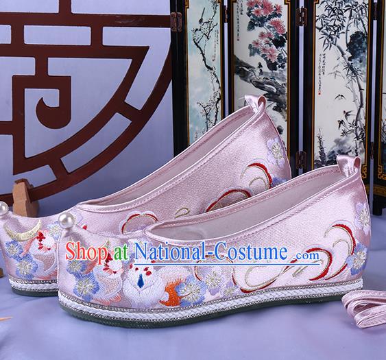 Chinese Ming Dynasty Embroidered Bow Shoes Ancient Princess Pink Satin Shoes Traditional Hanfu Shoes